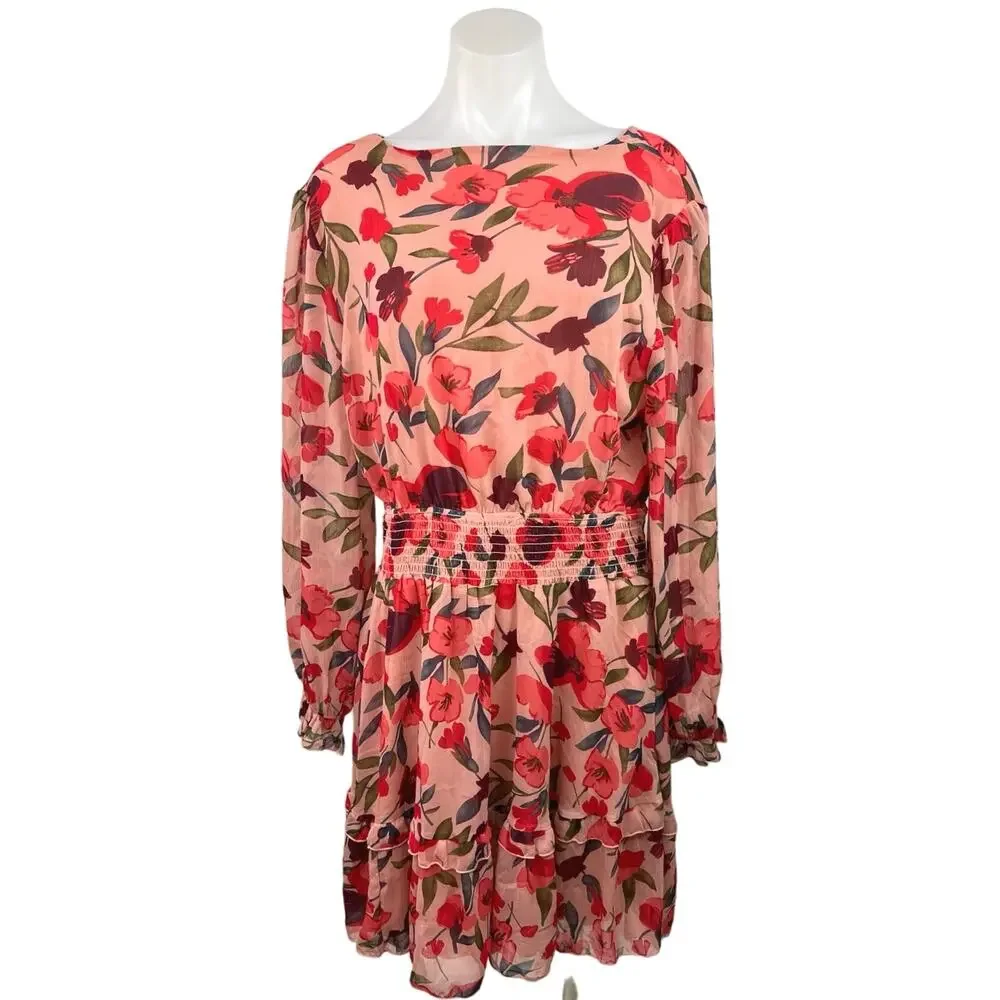 Floral Print Pink Multicolor Open Back Long Puff Sleeve Tiered Ruffle Dress XL
